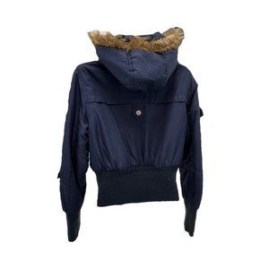 BLUE JACKET WITH FAUX FUR TRIM HOOD